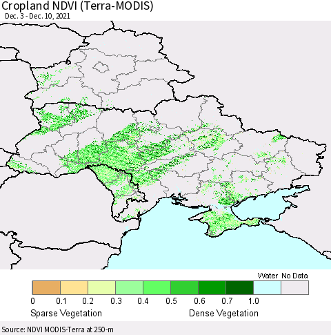 Ukraine, Moldova and Belarus Cropland NDVI (Terra-MODIS) Thematic Map For 12/1/2021 - 12/10/2021