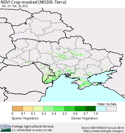 Ukraine, Moldova and Belarus Cropland NDVI (Terra-MODIS) Thematic Map For 12/21/2021 - 12/31/2021