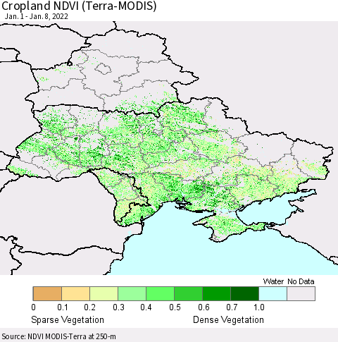 Ukraine, Moldova and Belarus Cropland NDVI (Terra-MODIS) Thematic Map For 1/1/2022 - 1/8/2022