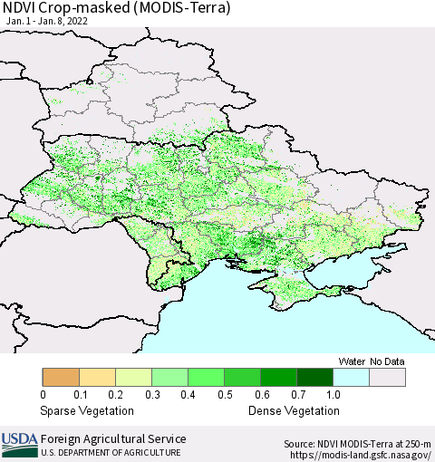 Ukraine, Moldova and Belarus Cropland NDVI (Terra-MODIS) Thematic Map For 1/1/2022 - 1/10/2022