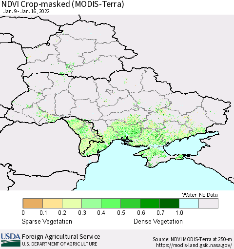 Ukraine, Moldova and Belarus Cropland NDVI (Terra-MODIS) Thematic Map For 1/11/2022 - 1/20/2022