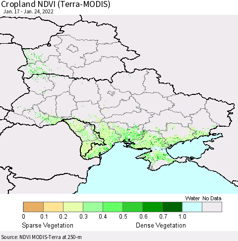 Ukraine, Moldova and Belarus Cropland NDVI (Terra-MODIS) Thematic Map For 1/17/2022 - 1/24/2022