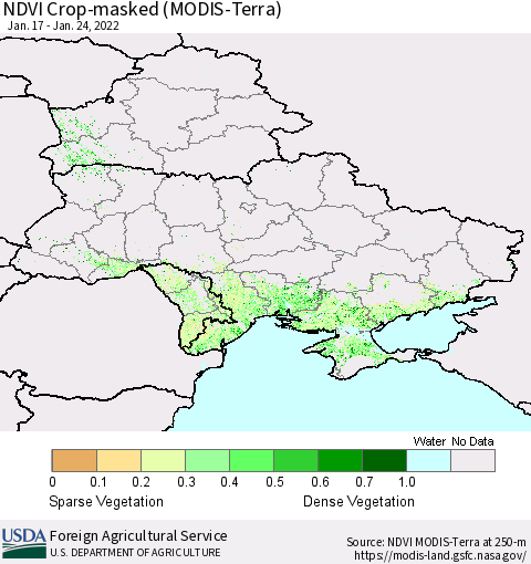 Ukraine, Moldova and Belarus Cropland NDVI (Terra-MODIS) Thematic Map For 1/21/2022 - 1/31/2022
