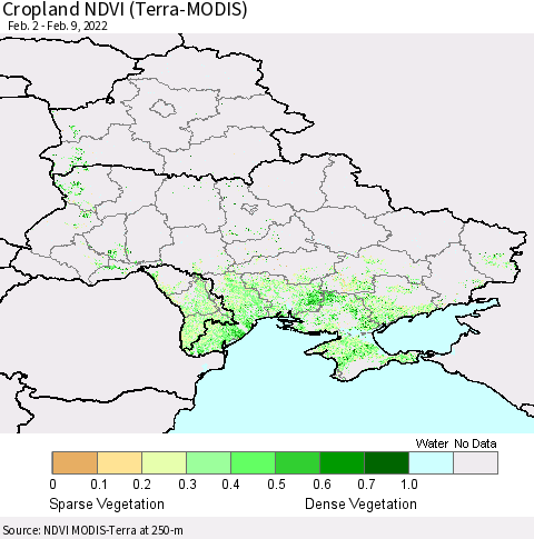 Ukraine, Moldova and Belarus Cropland NDVI (Terra-MODIS) Thematic Map For 2/2/2022 - 2/9/2022