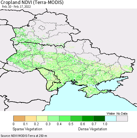 Ukraine, Moldova and Belarus Cropland NDVI (Terra-MODIS) Thematic Map For 2/10/2022 - 2/17/2022