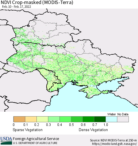 Ukraine, Moldova and Belarus Cropland NDVI (Terra-MODIS) Thematic Map For 2/11/2022 - 2/20/2022
