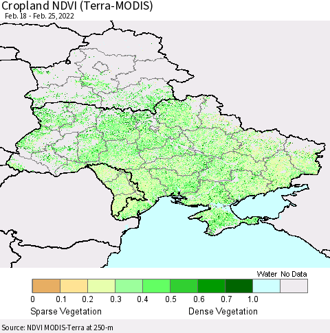Ukraine, Moldova and Belarus Cropland NDVI (Terra-MODIS) Thematic Map For 2/18/2022 - 2/25/2022