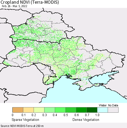 Ukraine, Moldova and Belarus Cropland NDVI (Terra-MODIS) Thematic Map For 2/26/2022 - 3/5/2022