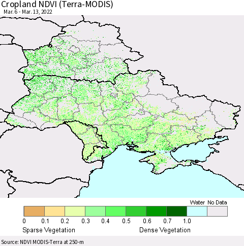 Ukraine, Moldova and Belarus Cropland NDVI (Terra-MODIS) Thematic Map For 3/6/2022 - 3/13/2022