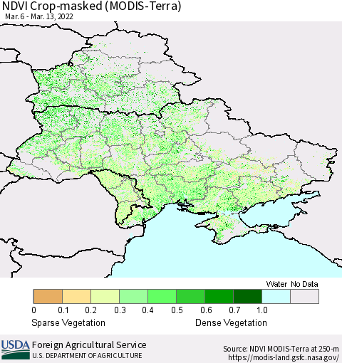 Ukraine, Moldova and Belarus Cropland NDVI (Terra-MODIS) Thematic Map For 3/11/2022 - 3/20/2022