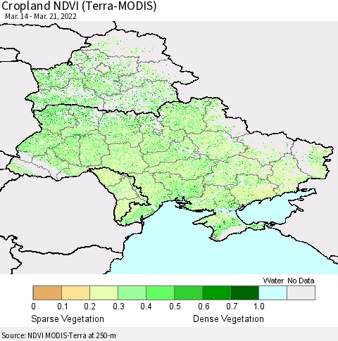 Ukraine, Moldova and Belarus Cropland NDVI (Terra-MODIS) Thematic Map For 3/14/2022 - 3/21/2022