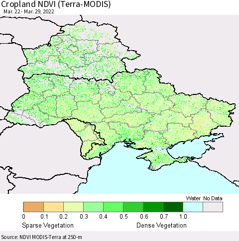 Ukraine, Moldova and Belarus Cropland NDVI (Terra-MODIS) Thematic Map For 3/22/2022 - 3/29/2022