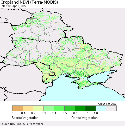 Ukraine, Moldova and Belarus Cropland NDVI (Terra-MODIS) Thematic Map For 3/30/2022 - 4/6/2022