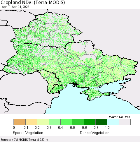 Ukraine, Moldova and Belarus Cropland NDVI (Terra-MODIS) Thematic Map For 4/7/2022 - 4/14/2022