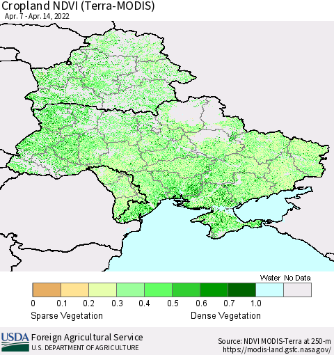 Ukraine, Moldova and Belarus Cropland NDVI (Terra-MODIS) Thematic Map For 4/11/2022 - 4/20/2022
