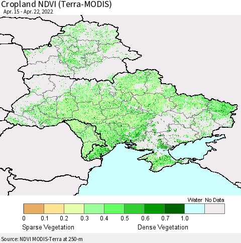 Ukraine, Moldova and Belarus Cropland NDVI (Terra-MODIS) Thematic Map For 4/15/2022 - 4/22/2022