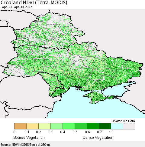 Ukraine, Moldova and Belarus Cropland NDVI (Terra-MODIS) Thematic Map For 4/21/2022 - 4/30/2022