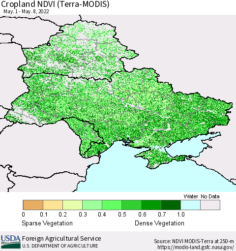 Ukraine, Moldova and Belarus Cropland NDVI (Terra-MODIS) Thematic Map For 5/1/2022 - 5/10/2022
