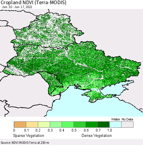 Ukraine, Moldova and Belarus Cropland NDVI (Terra-MODIS) Thematic Map For 6/10/2022 - 6/17/2022