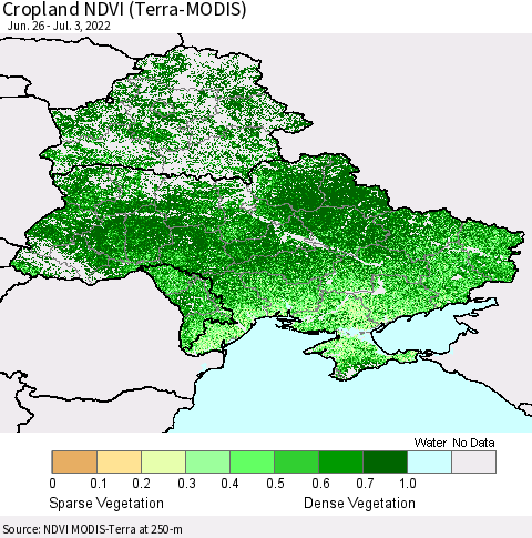 Ukraine, Moldova and Belarus Cropland NDVI (Terra-MODIS) Thematic Map For 6/26/2022 - 7/3/2022