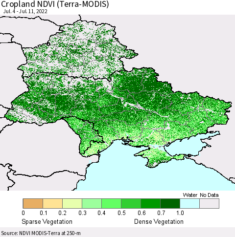 Ukraine, Moldova and Belarus Cropland NDVI (Terra-MODIS) Thematic Map For 7/4/2022 - 7/11/2022