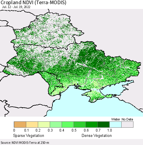 Ukraine, Moldova and Belarus Cropland NDVI (Terra-MODIS) Thematic Map For 7/12/2022 - 7/19/2022