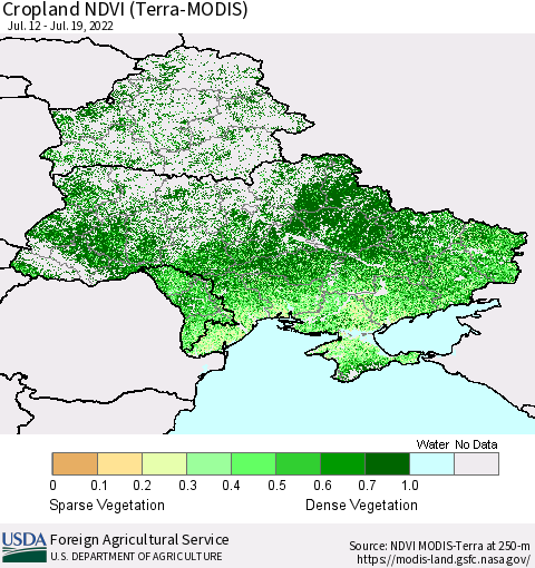 Ukraine, Moldova and Belarus Cropland NDVI (Terra-MODIS) Thematic Map For 7/11/2022 - 7/20/2022