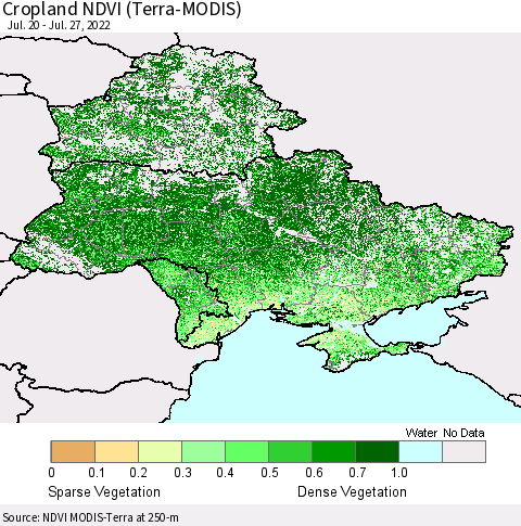 Ukraine, Moldova and Belarus Cropland NDVI (Terra-MODIS) Thematic Map For 7/20/2022 - 7/27/2022
