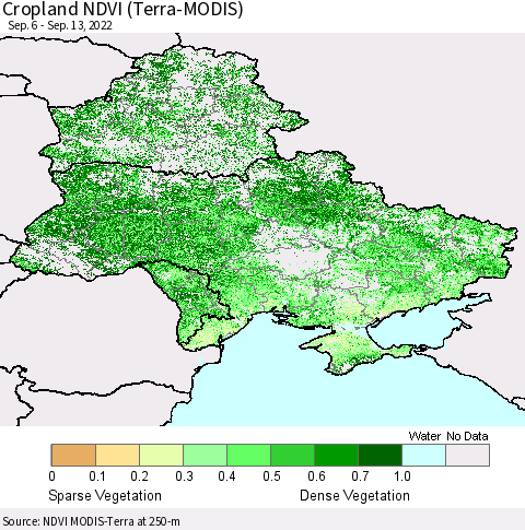 Ukraine, Moldova and Belarus Cropland NDVI (Terra-MODIS) Thematic Map For 9/6/2022 - 9/13/2022