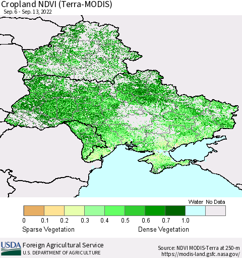 Ukraine, Moldova and Belarus Cropland NDVI (Terra-MODIS) Thematic Map For 9/11/2022 - 9/20/2022