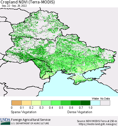 Ukraine, Moldova and Belarus Cropland NDVI (Terra-MODIS) Thematic Map For 9/21/2022 - 9/30/2022