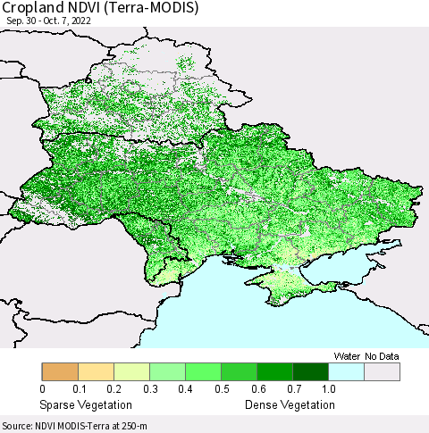 Ukraine, Moldova and Belarus Cropland NDVI (Terra-MODIS) Thematic Map For 9/30/2022 - 10/7/2022