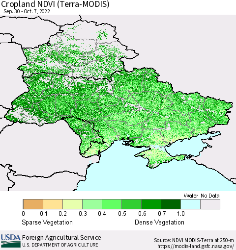 Ukraine, Moldova and Belarus Cropland NDVI (Terra-MODIS) Thematic Map For 10/1/2022 - 10/10/2022