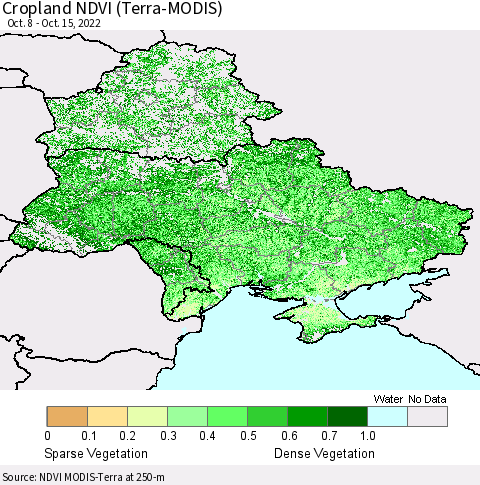 Ukraine, Moldova and Belarus Cropland NDVI (Terra-MODIS) Thematic Map For 10/8/2022 - 10/15/2022