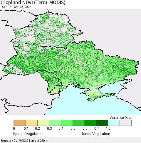 Ukraine, Moldova and Belarus Cropland NDVI (Terra-MODIS) Thematic Map For 10/16/2022 - 10/23/2022
