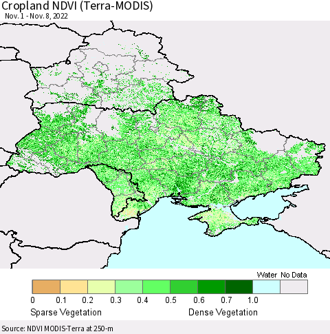 Ukraine, Moldova and Belarus Cropland NDVI (Terra-MODIS) Thematic Map For 11/1/2022 - 11/8/2022