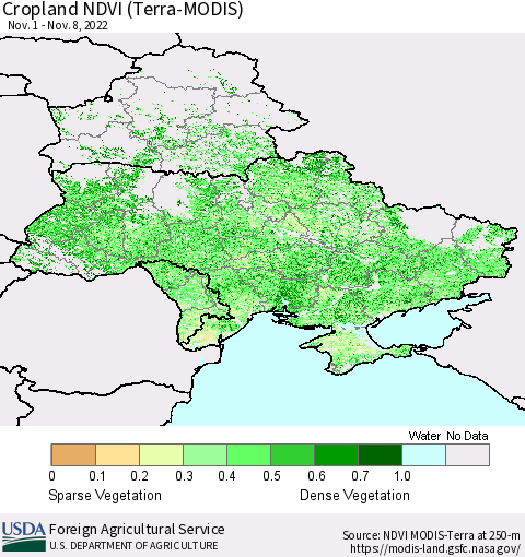Ukraine, Moldova and Belarus Cropland NDVI (Terra-MODIS) Thematic Map For 11/1/2022 - 11/10/2022