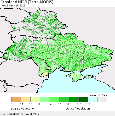 Ukraine, Moldova and Belarus Cropland NDVI (Terra-MODIS) Thematic Map For 11/9/2022 - 11/16/2022
