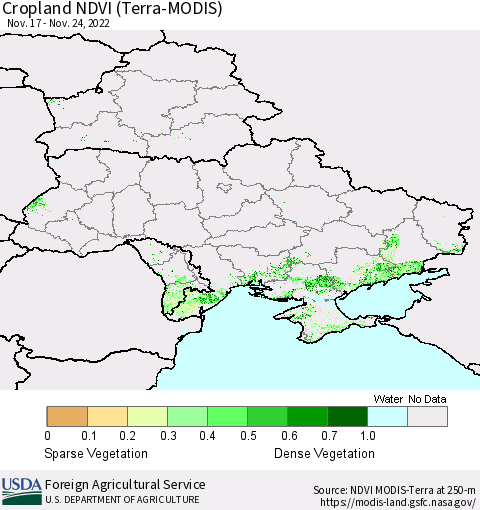 Ukraine, Moldova and Belarus Cropland NDVI (Terra-MODIS) Thematic Map For 11/21/2022 - 11/30/2022