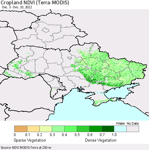 Ukraine, Moldova and Belarus Cropland NDVI (Terra-MODIS) Thematic Map For 12/1/2022 - 12/10/2022