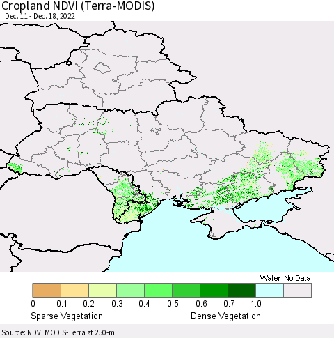 Ukraine, Moldova and Belarus Cropland NDVI (Terra-MODIS) Thematic Map For 12/11/2022 - 12/18/2022