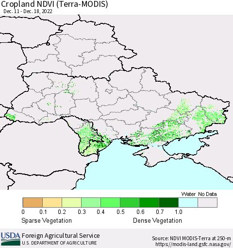 Ukraine, Moldova and Belarus Cropland NDVI (Terra-MODIS) Thematic Map For 12/11/2022 - 12/20/2022