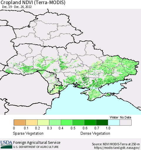 Ukraine, Moldova and Belarus Cropland NDVI (Terra-MODIS) Thematic Map For 12/21/2022 - 12/31/2022