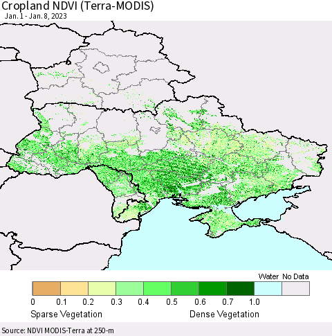 Ukraine, Moldova and Belarus Cropland NDVI (Terra-MODIS) Thematic Map For 1/1/2023 - 1/8/2023