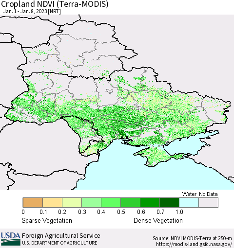 Ukraine, Moldova and Belarus Cropland NDVI (Terra-MODIS) Thematic Map For 1/1/2023 - 1/10/2023