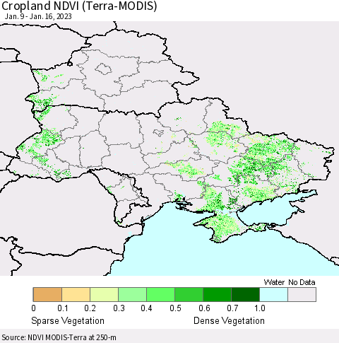 Ukraine, Moldova and Belarus Cropland NDVI (Terra-MODIS) Thematic Map For 1/9/2023 - 1/16/2023