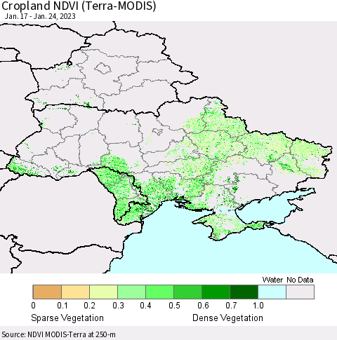 Ukraine, Moldova and Belarus Cropland NDVI (Terra-MODIS) Thematic Map For 1/17/2023 - 1/24/2023