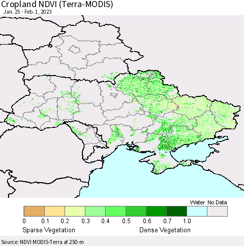 Ukraine, Moldova and Belarus Cropland NDVI (Terra-MODIS) Thematic Map For 1/25/2023 - 2/1/2023