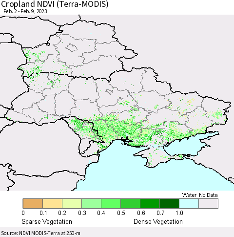 Ukraine, Moldova and Belarus Cropland NDVI (Terra-MODIS) Thematic Map For 2/2/2023 - 2/9/2023