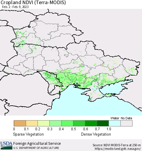 Ukraine, Moldova and Belarus Cropland NDVI (Terra-MODIS) Thematic Map For 2/1/2023 - 2/10/2023